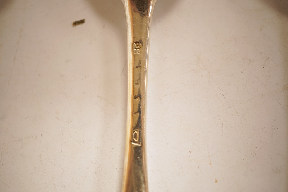 A matched set of seven Queen Anne silver Hanoverian pattern dessert spoons, maker's mark rubbed, five London, 1708, 17.5cm, together with seven other silver base mark Hanoverian pattern dessert spoons, various dates and